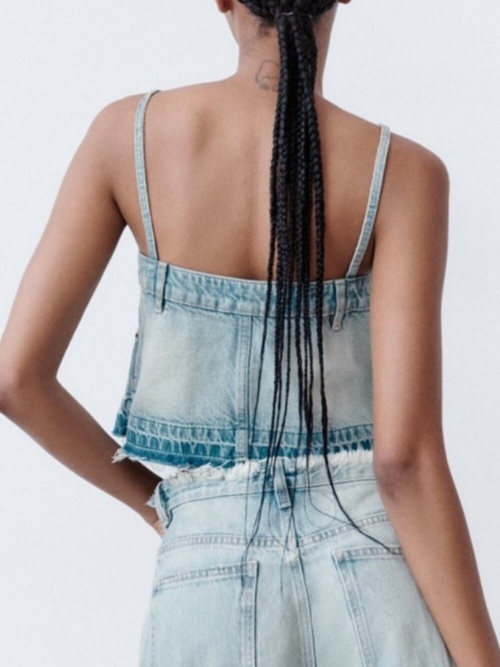 Zara Denim Skirt Effect Crop Top XS Y2K Strappy Jean Bustier Top - Picture 2 of 5